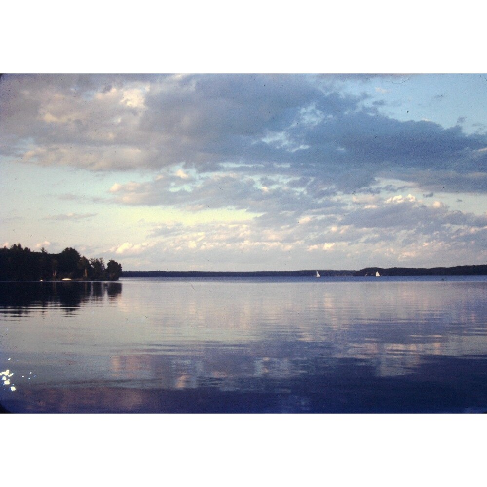 Kodak Slide 35mm 1940s Red Border, calm lake scene with distant shoreline